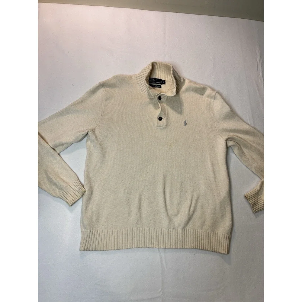 Polo Ralph Lauren Mens Sweater Cream 100 Cotton 1/4 Zip Button Collar L‎